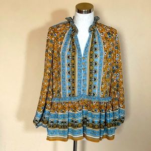 Spring/Summer floral peplum blouse and ruffle and fabric button details.